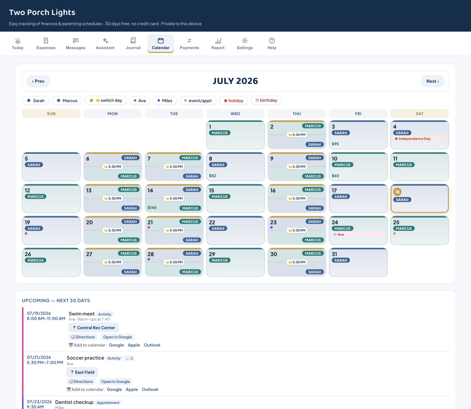 Month view with color-coded parenting time and kid-colored event dots